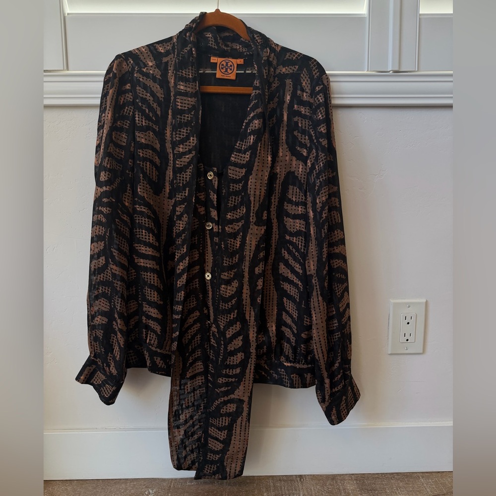 Tory Burch Silk Blend Printed Tie Neck Blouse Black Brown Size 12